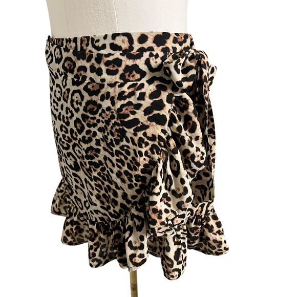 Forever 21 Wrap Mini Skirt Womens Small Brown Leopard Ruffle Hem Tie Boho Summer - Picture 4 of 8